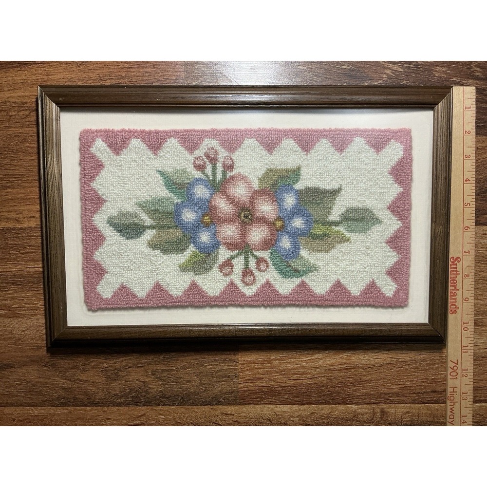 Vtg Framed Floral Bouquet Hooked Wool Wall Tapestry 10.5in X 16.5in